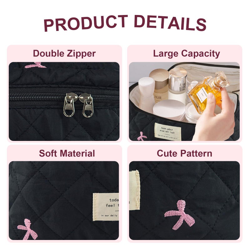 GISMTR Makeup Bag  Quilted Bow Cosmetic Bag  Large Travel Aesthetic Make up Bag  Cute Coquette Toiletry Pouch for Women Girls - Image 2